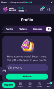 Winspirit Casino Bonus Code Screenshot