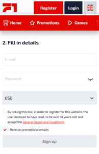 Ekran rejestracji F1 Casino