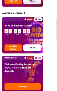 Screenshot des Hitnspin Casino Interfaces mit Promotionsbereich und Bonusbedingungen